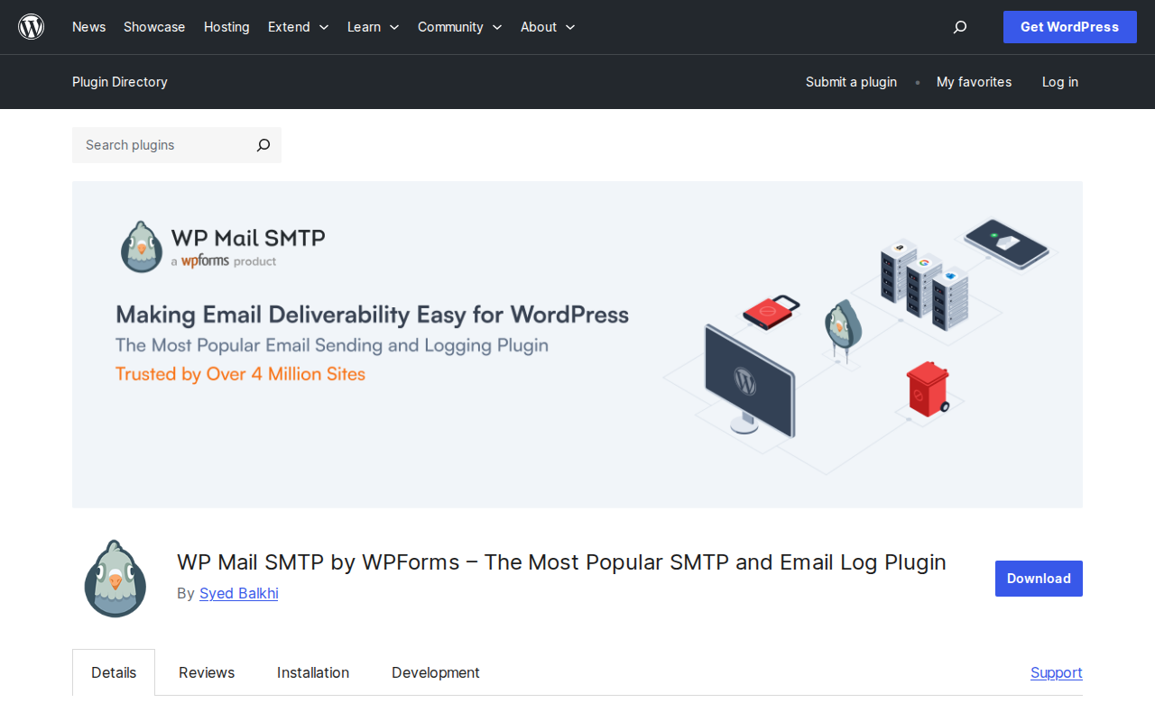 WP Mail SMTP plugin on the WordPress.org plugin directory, showing 4+ million active installations and a 4.8-star rating