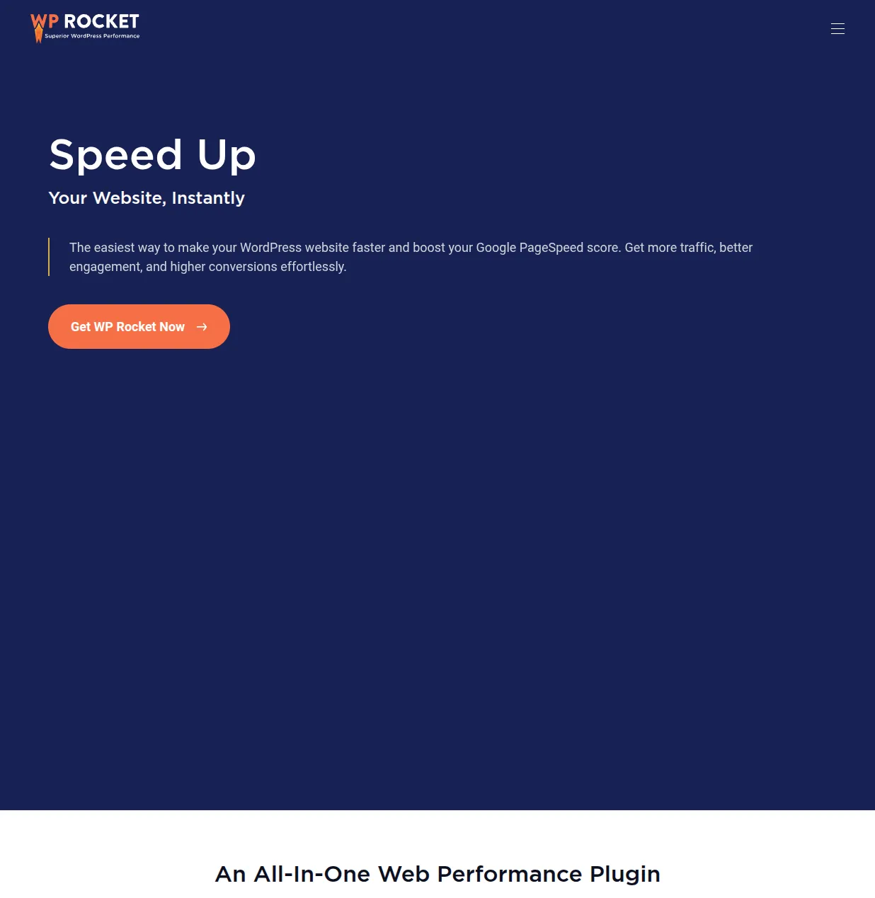 WP Rocket homepage showing the premium WordPress caching plugin with the tagline Speed Up Your Website Instantly