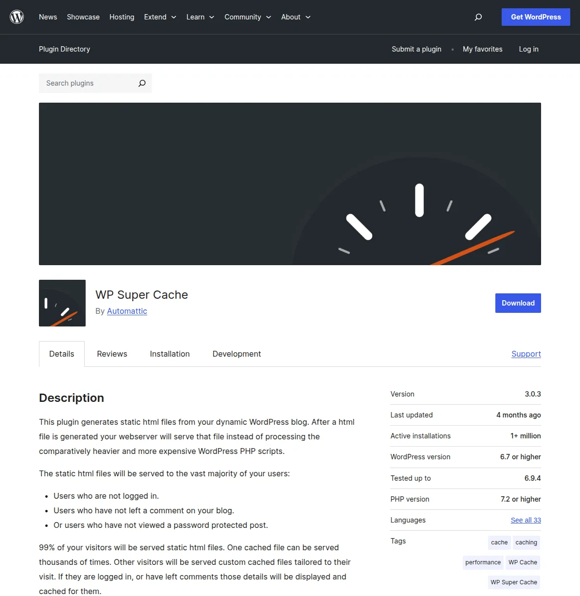 WP Super Cache plugin page in the WordPress directory showing 1 million+ active installations by Automattic