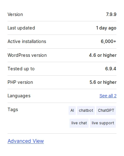 WPBot plugin meta panel on WordPress.org showing version, update date, and active installations
