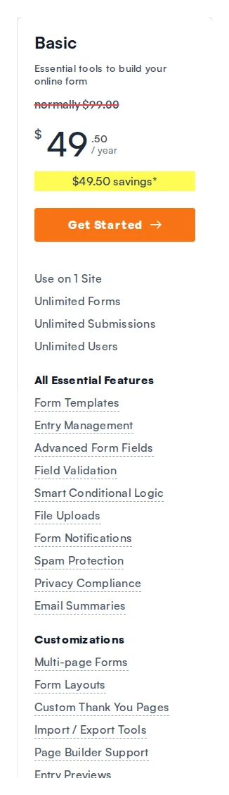WPForms pricing page showing Lite, Basic, Plus, Pro, and Elite plans