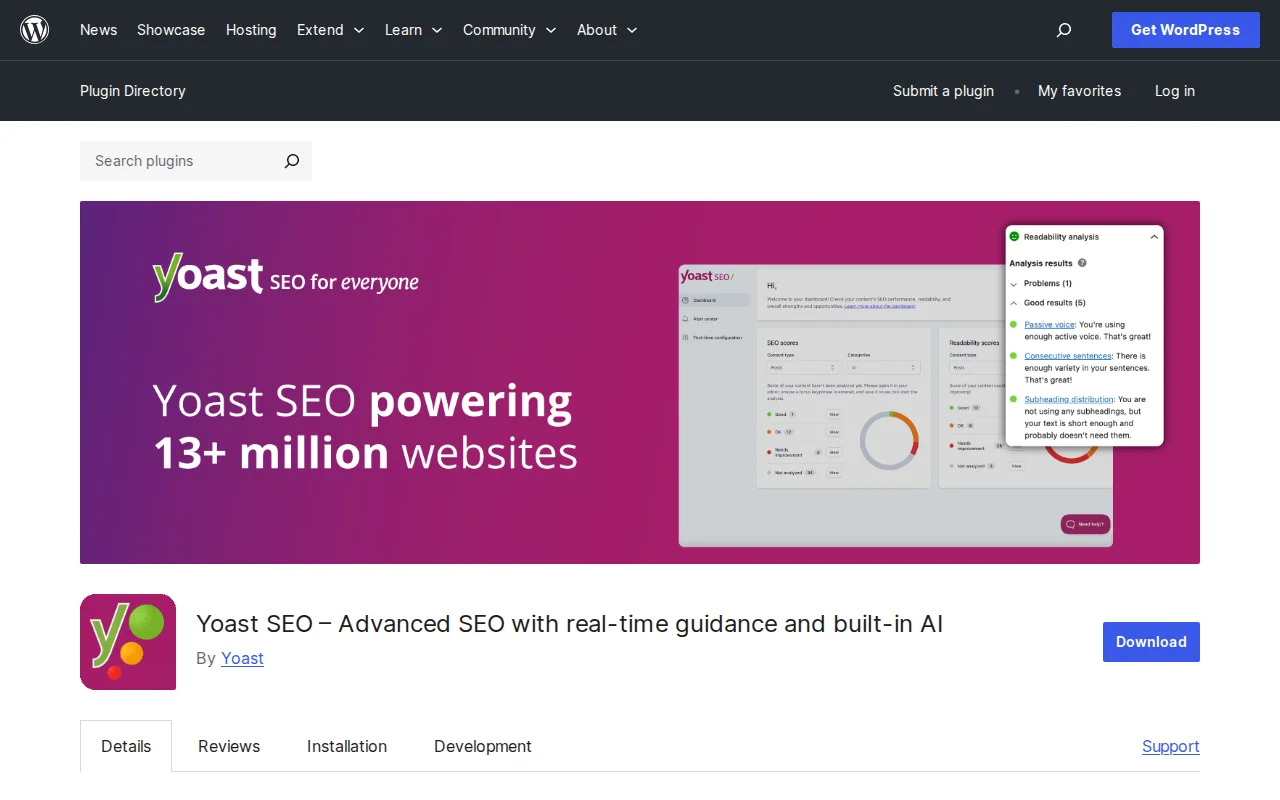 Yoast SEO plugin page on WordPress.org