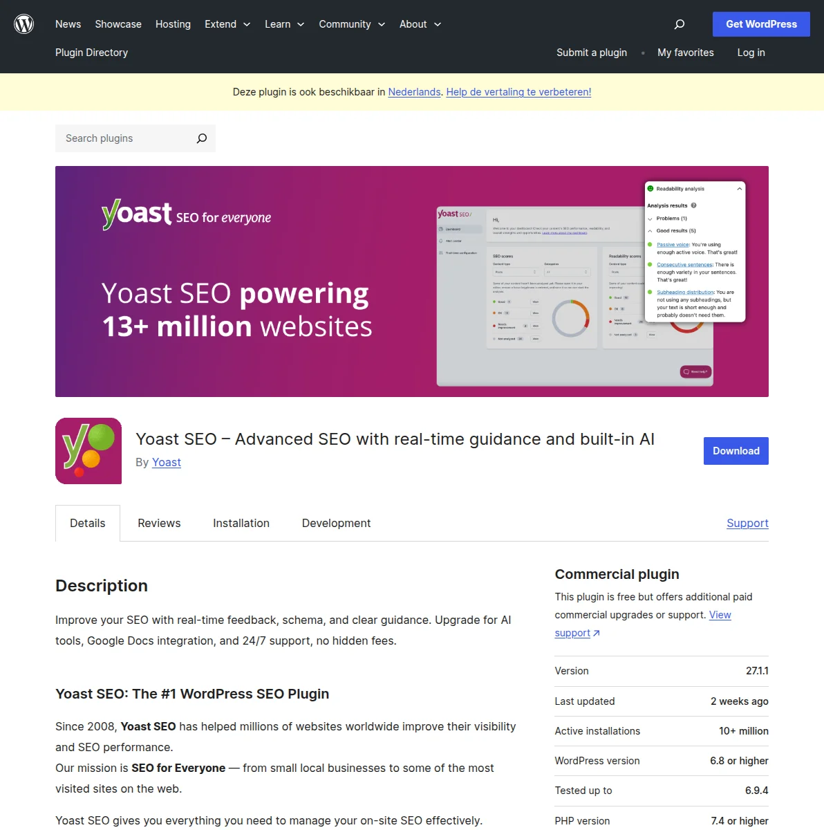 Yoast SEO plugin page on WordPress.org showing 10+ million active installations