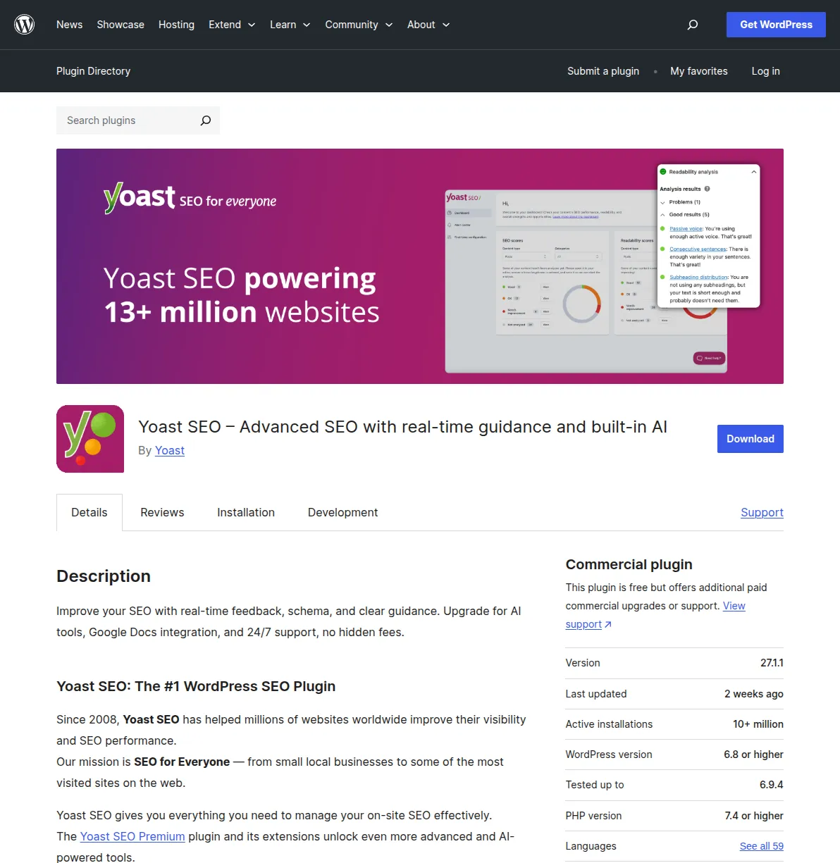 Yoast SEO plugin showing on-page analysis with readability and SEO scores in the WordPress editor
